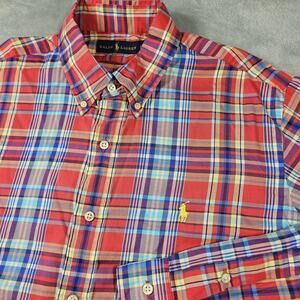 Ralph Lauren Button Down Shirt Mens L Plaid Red Blue Long Sleeve Preppy Office